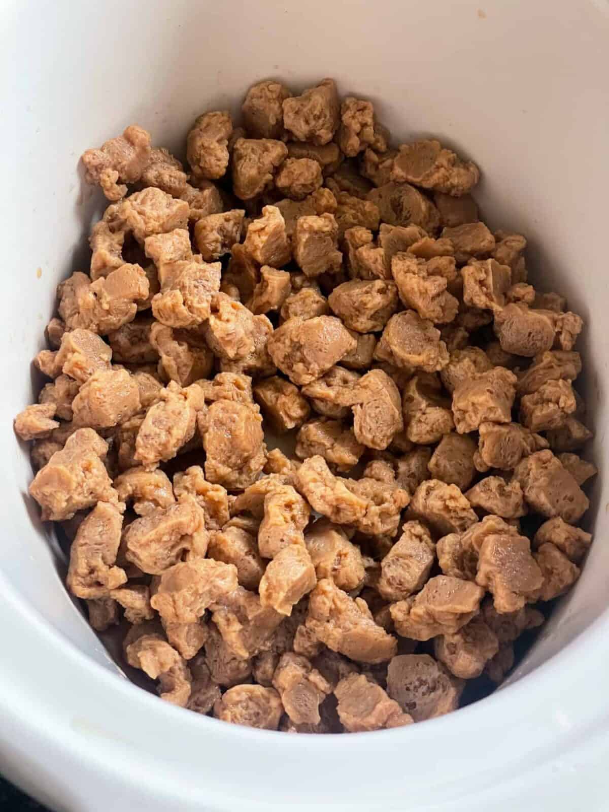 Hydrated soya chunks in slow cooker.