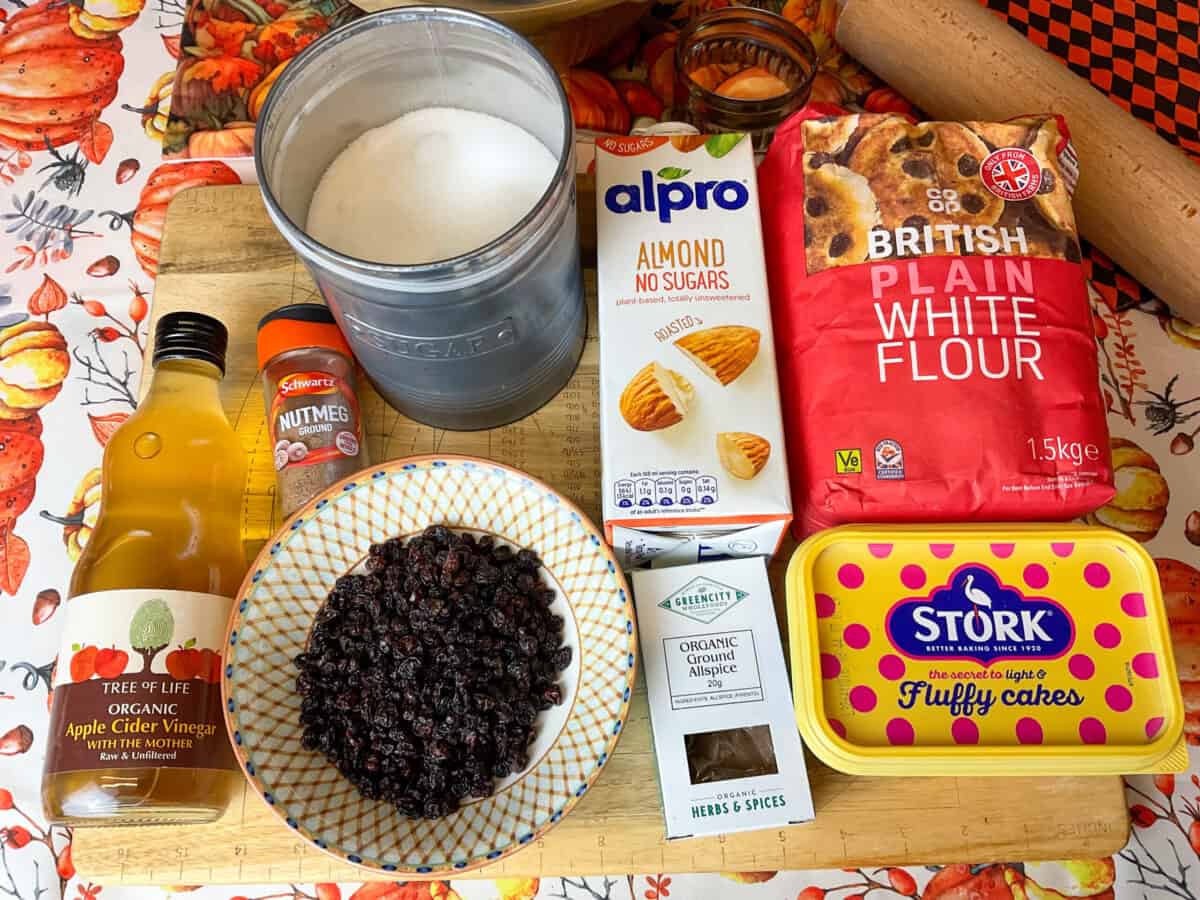 Ingredients for soul cakes on cutting board.