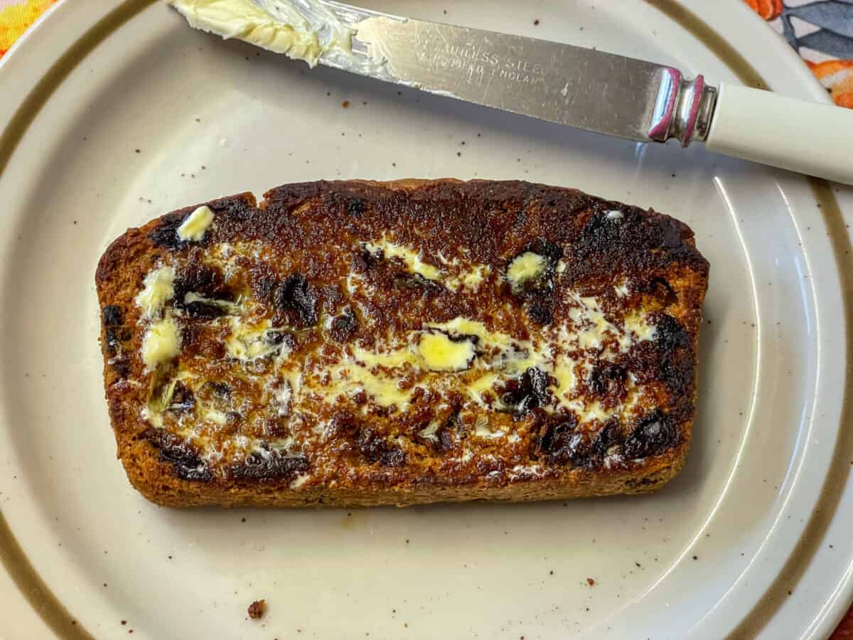 A slice of toasted Bara Birth spread with vegan butter.