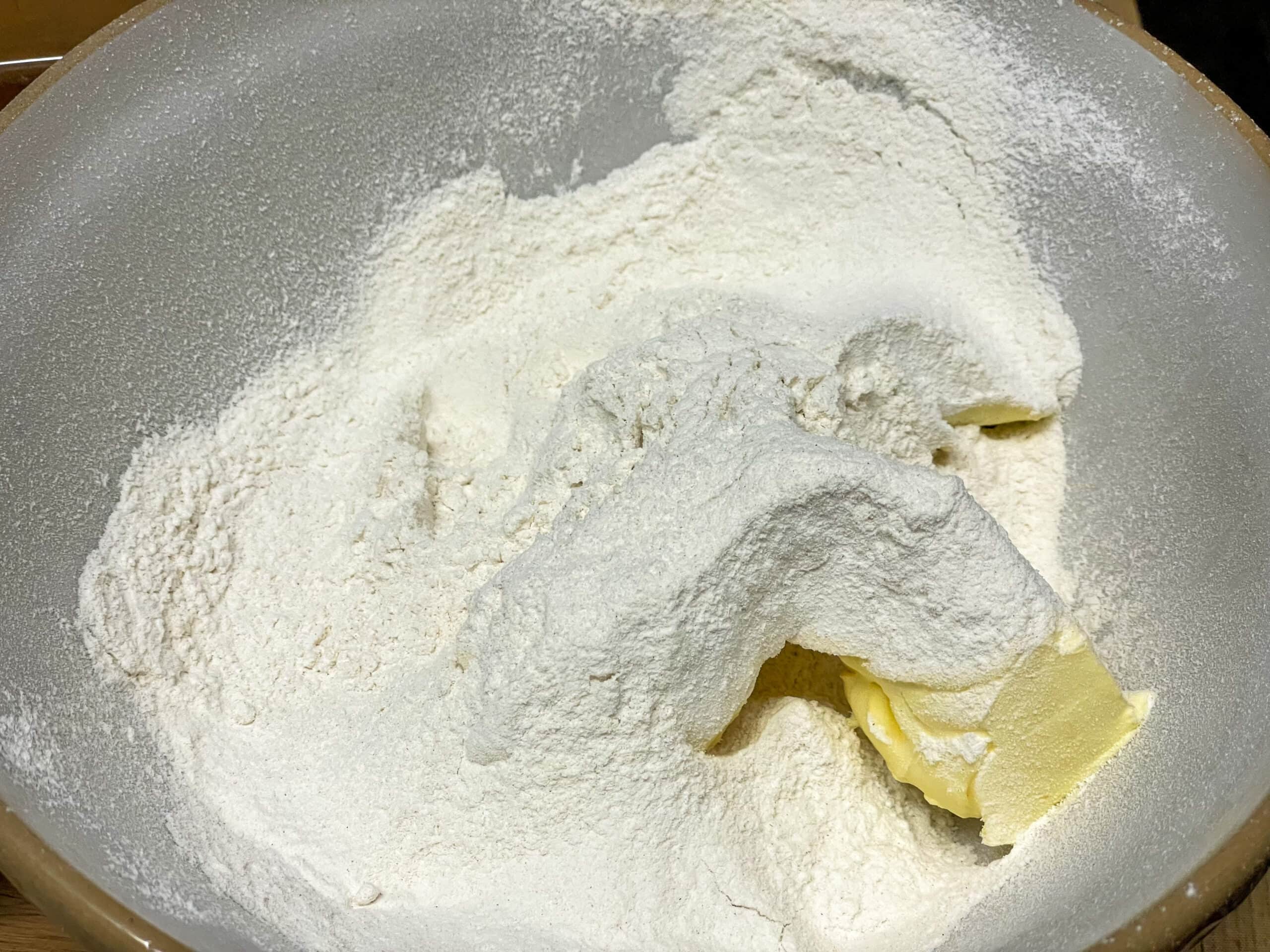 Flour and margarine added to mixing bowl.