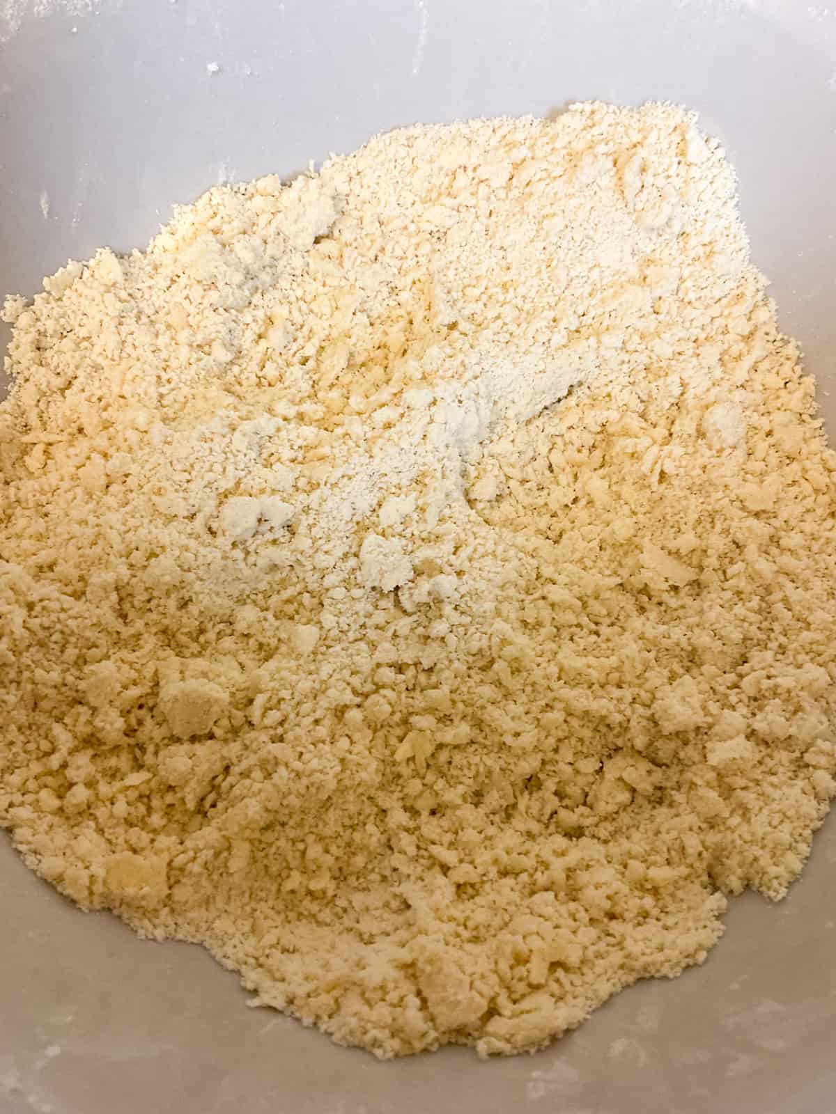 Cake mixture looking like breadcrumbs in mixing bowl.