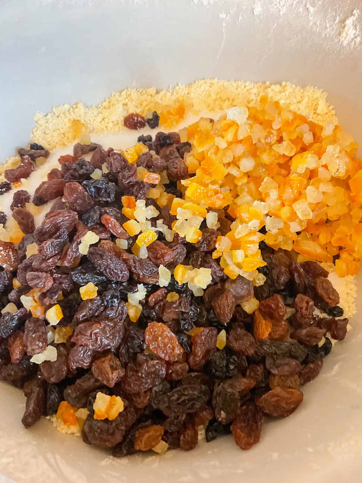 Dried fruit and peel in mixing bowl.