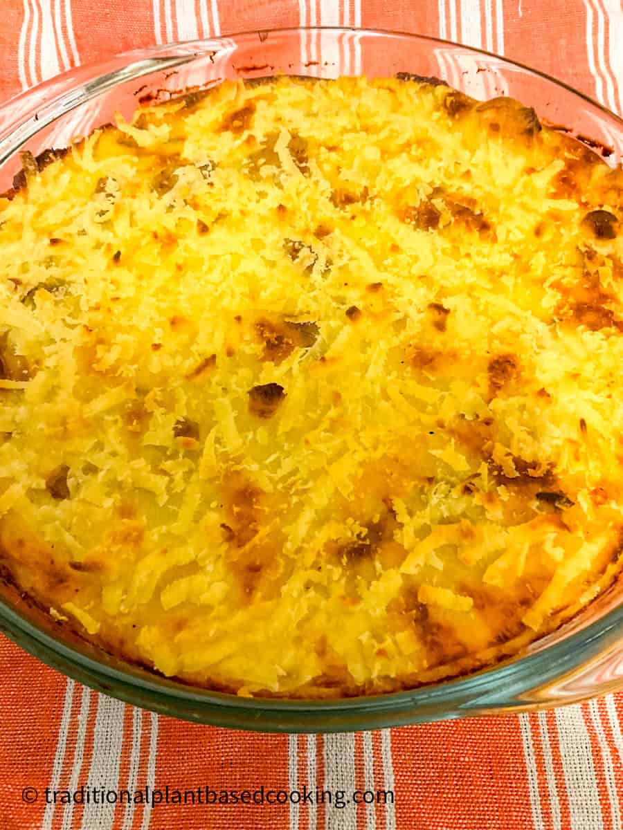 Lentil pie in casserole dish.