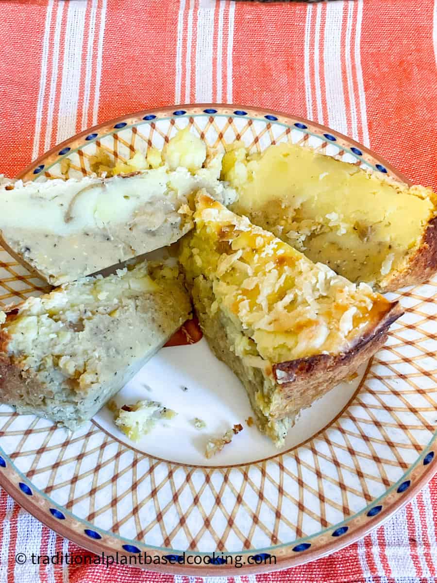 Chilled lentil pie slices on a serving plate.