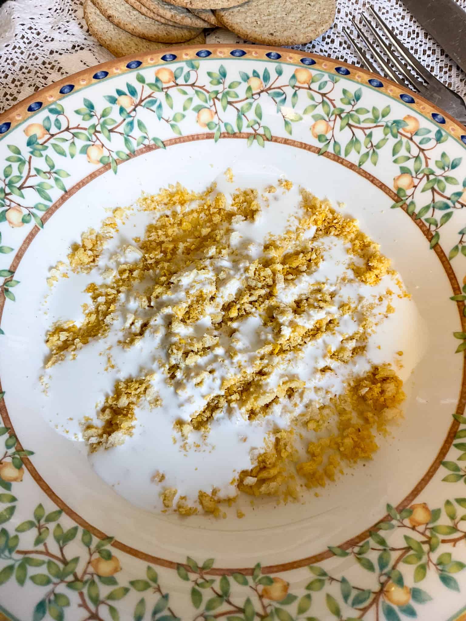 Cream added to bowl.