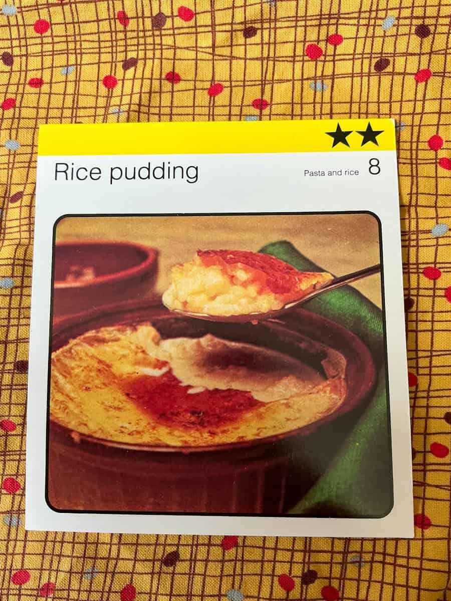Baked rice pudding recipe card image.