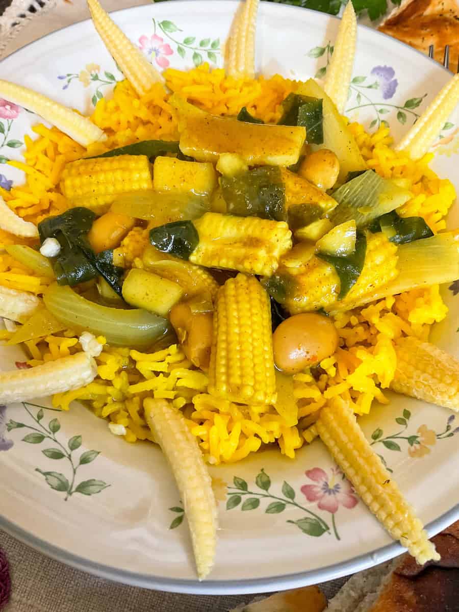 Vegan prawn curry on plate.