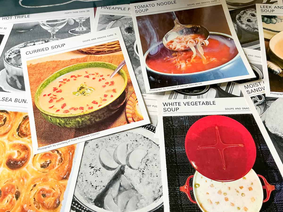 Image of a pile of scattered vintage recipe cards.