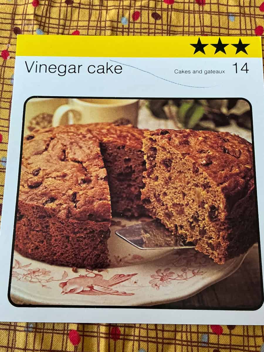 Image of vinegar cake recipe card.