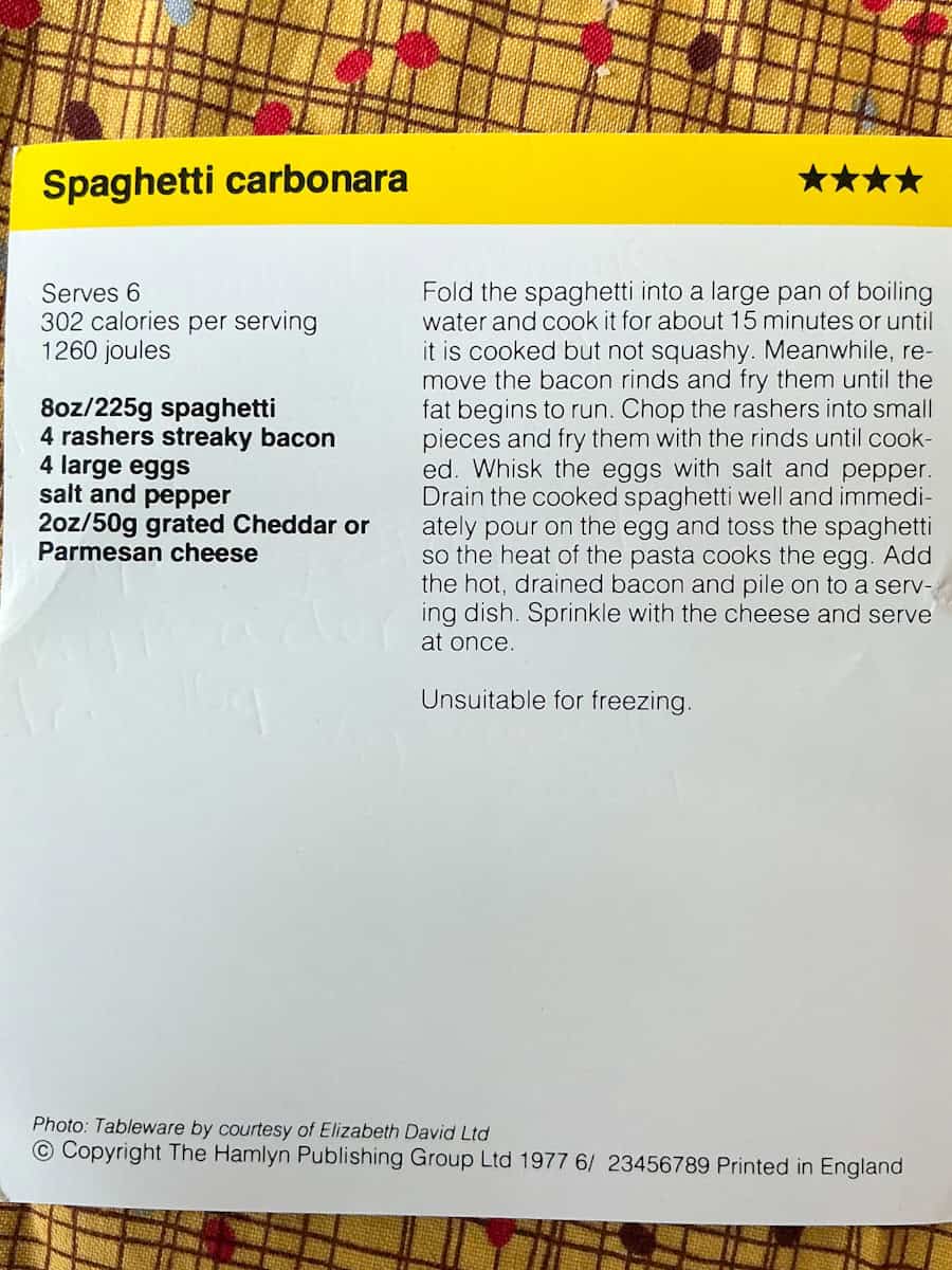 spaghetti carbonara text side recipe card image