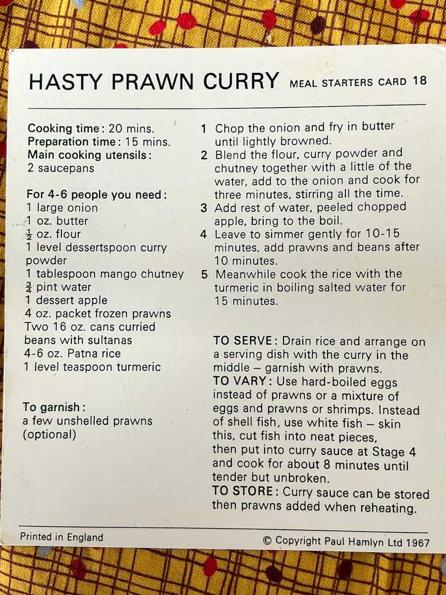 Recipe card text side for hasty prawn curry