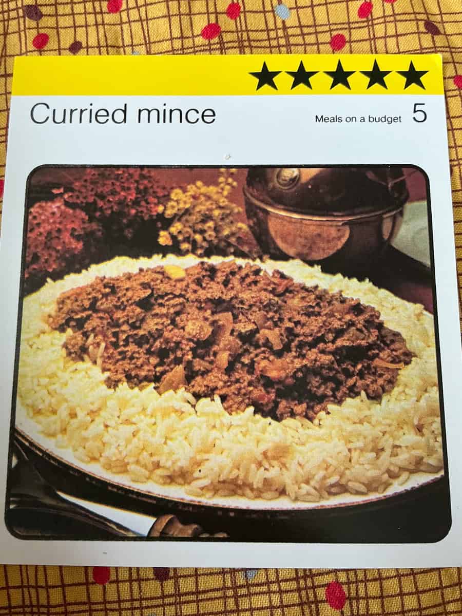 Curried mince recipe card image.