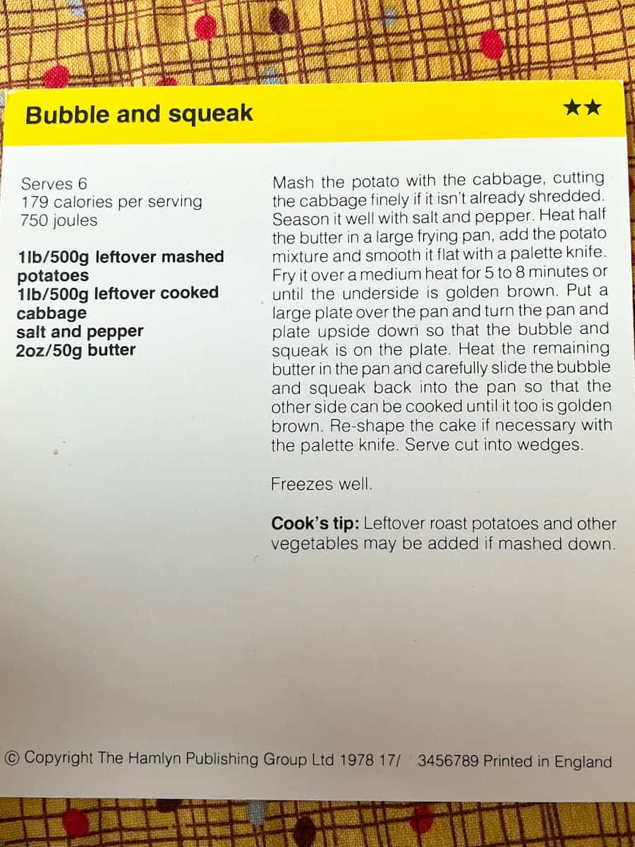 Image of Bubble and Squeak recipe card text side.