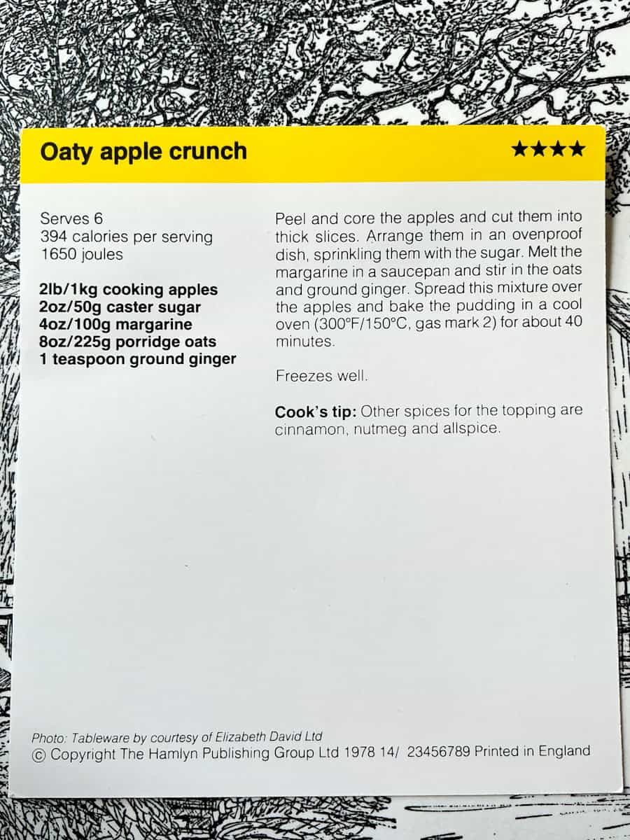 Image of Oaty apple crunch recipe card text side.