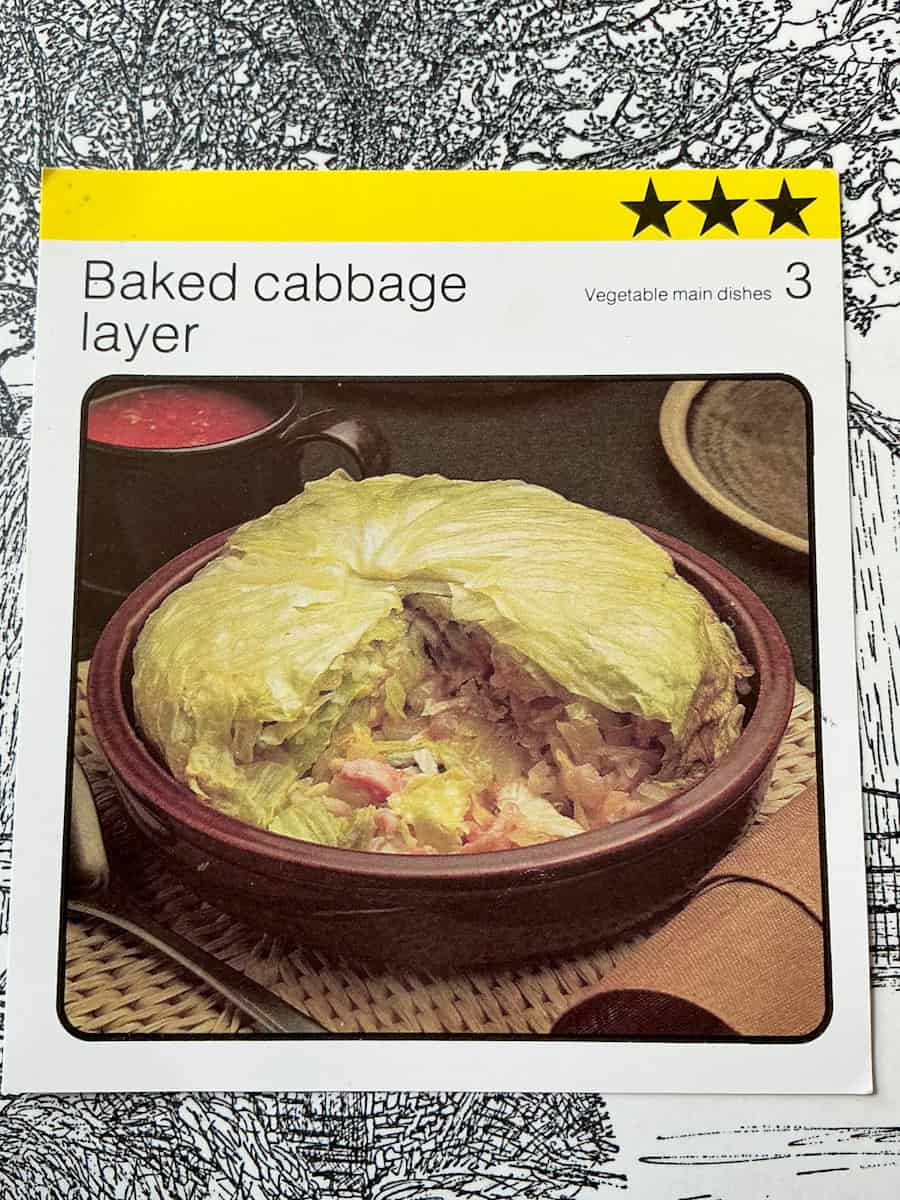 Image of baked cabbage layer recipe card.