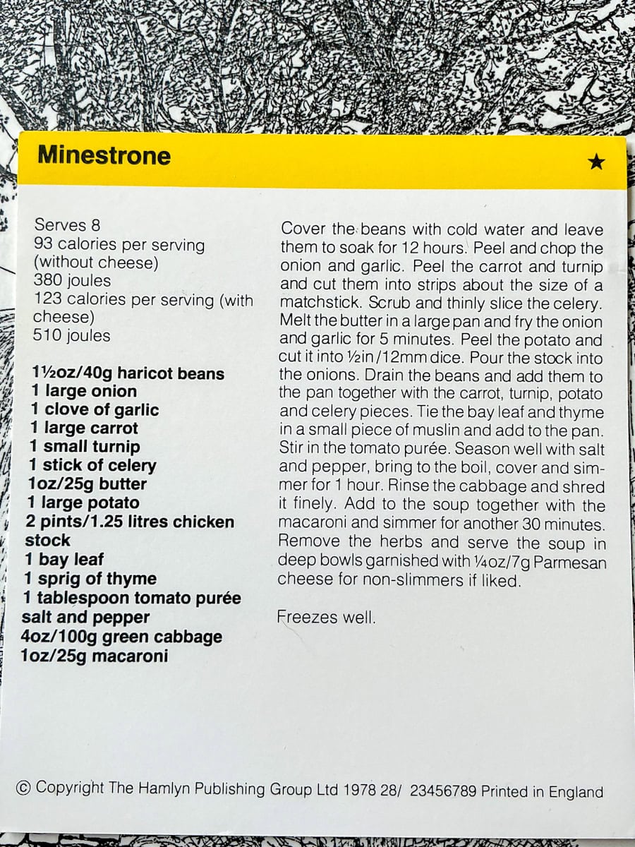 Image of minestrone soup recipe card text side.