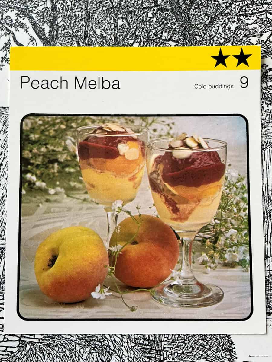 Image of peach melba recipe card.