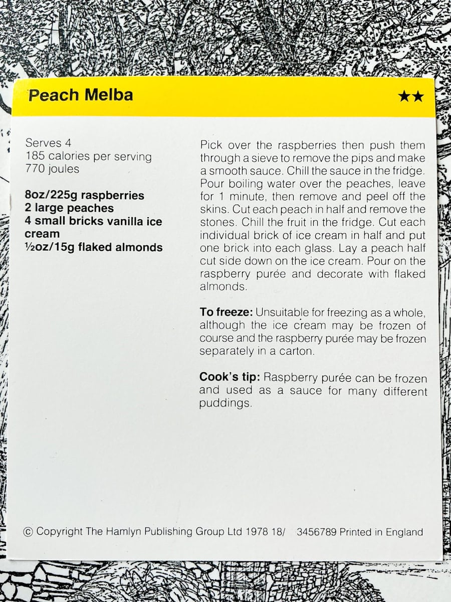 Image of peach melba recipe card text side.