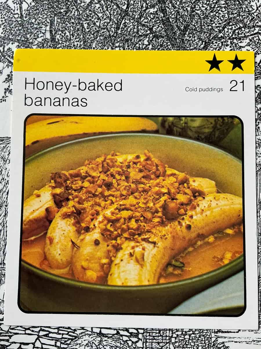 Image of honey baked bananas recipe card.