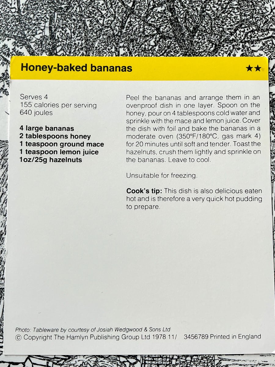 Image of honey baked bananas recipe card text side.