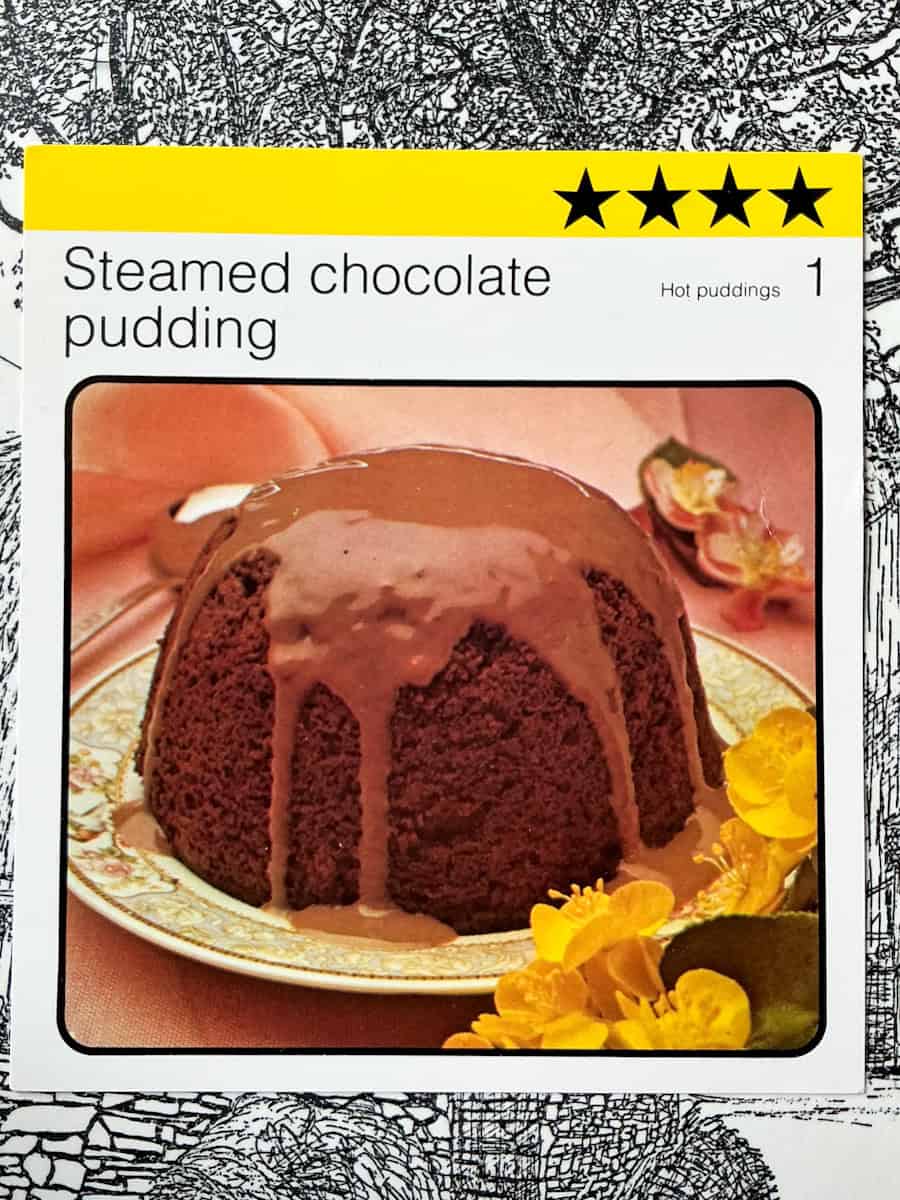 Image of steamed chocolate pudding recipe card.