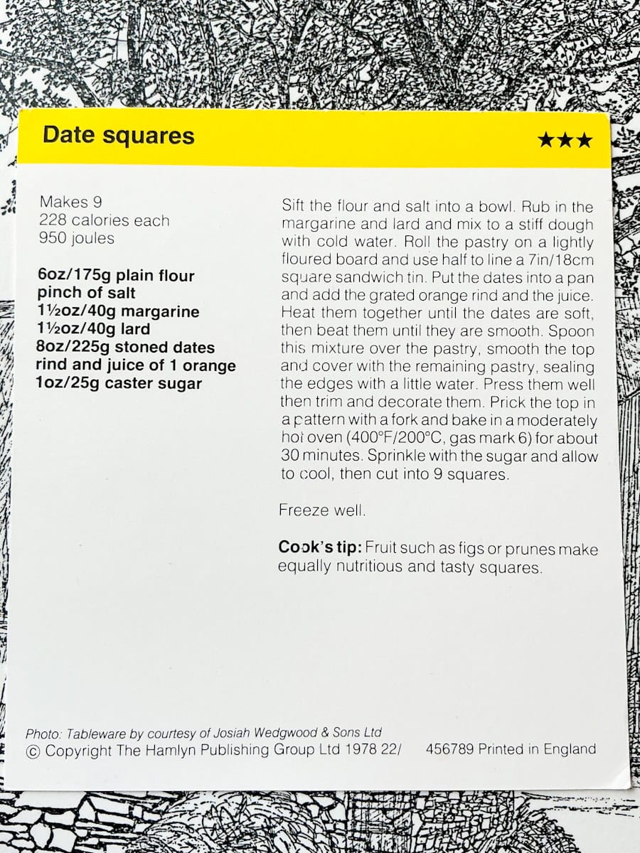 Image of date squares recipe card text side.