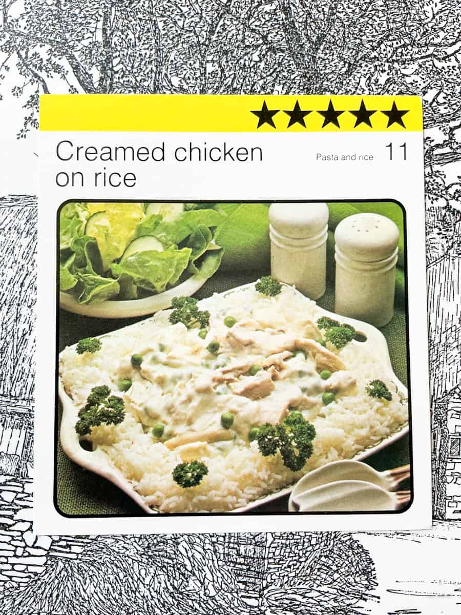 Image of creamed chicken on rice recipe card.