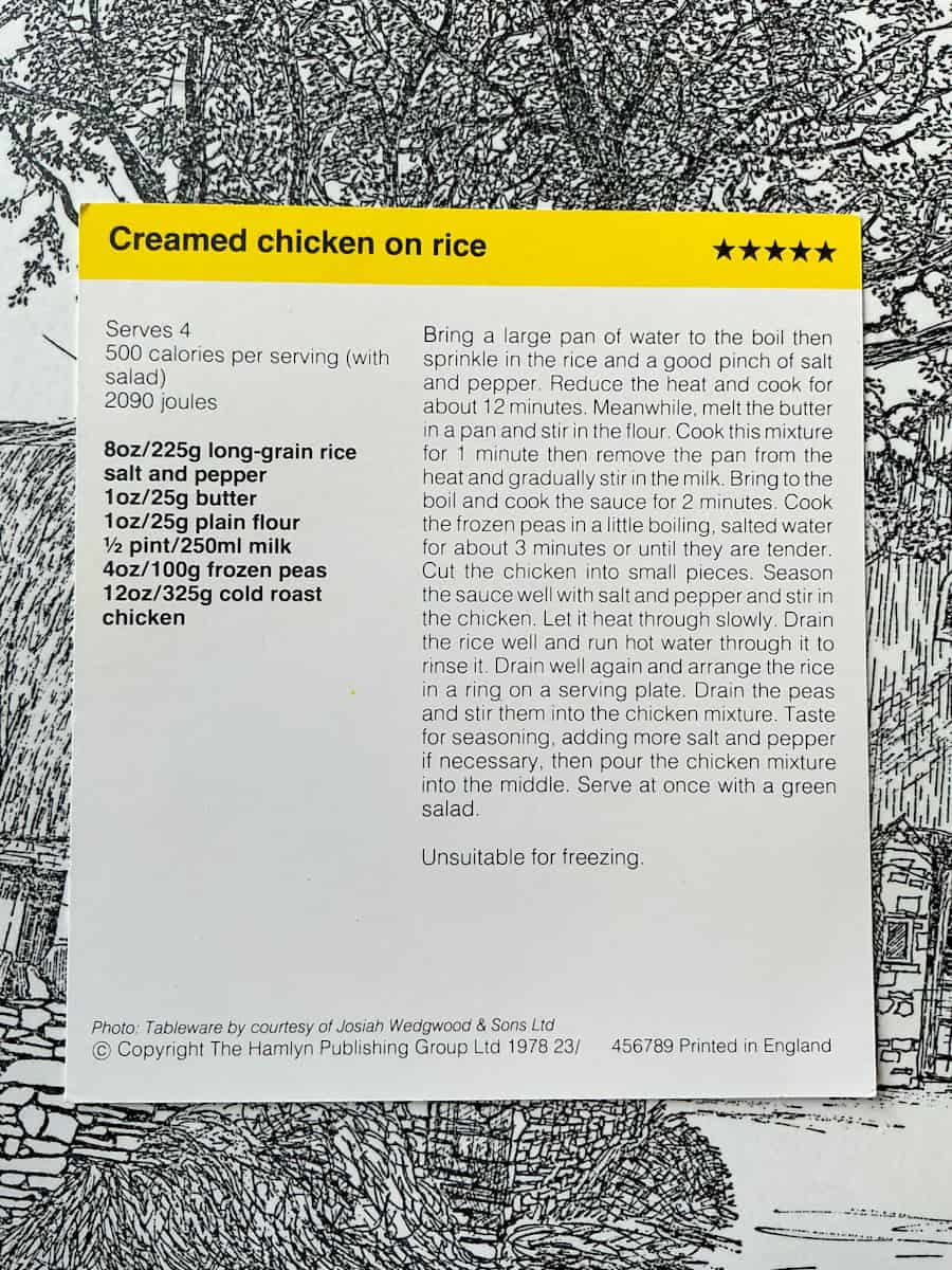 Image of creamed chicken on rice recipe card text side.