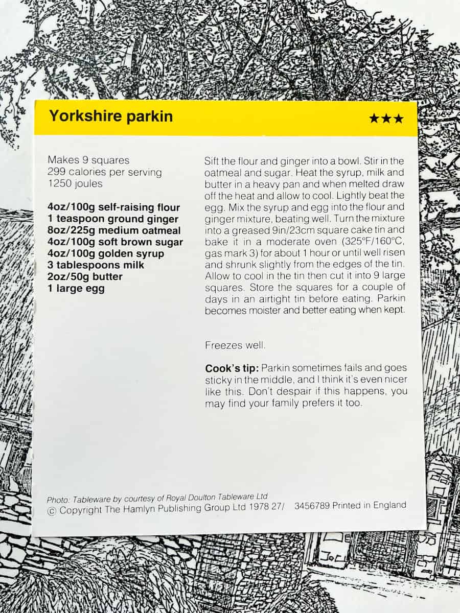 Image of Yorkshire parkin recipe card text side.