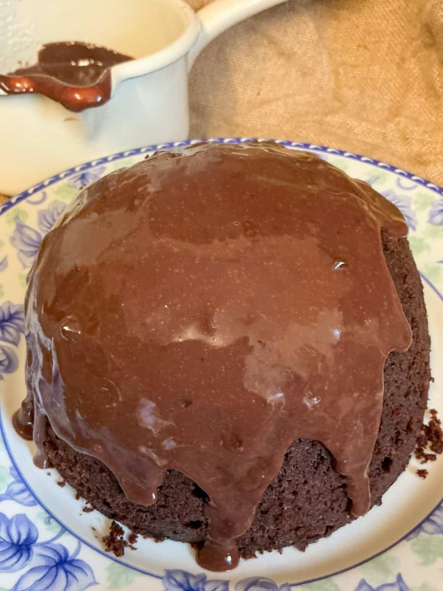 Vegan steamed chocolate pudding with chocolate sauce on plate.