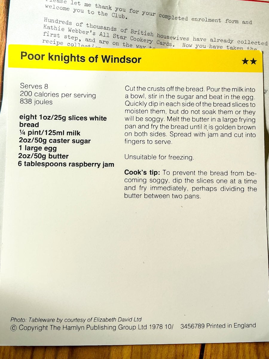 Image of poor knights of windsor recipe card text side.