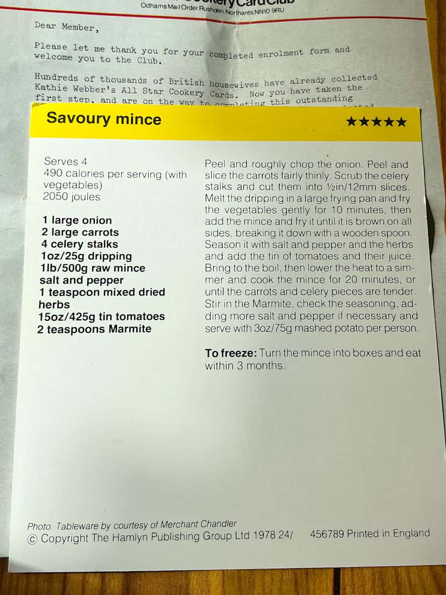 Image of savoury mince recipe card text side.
