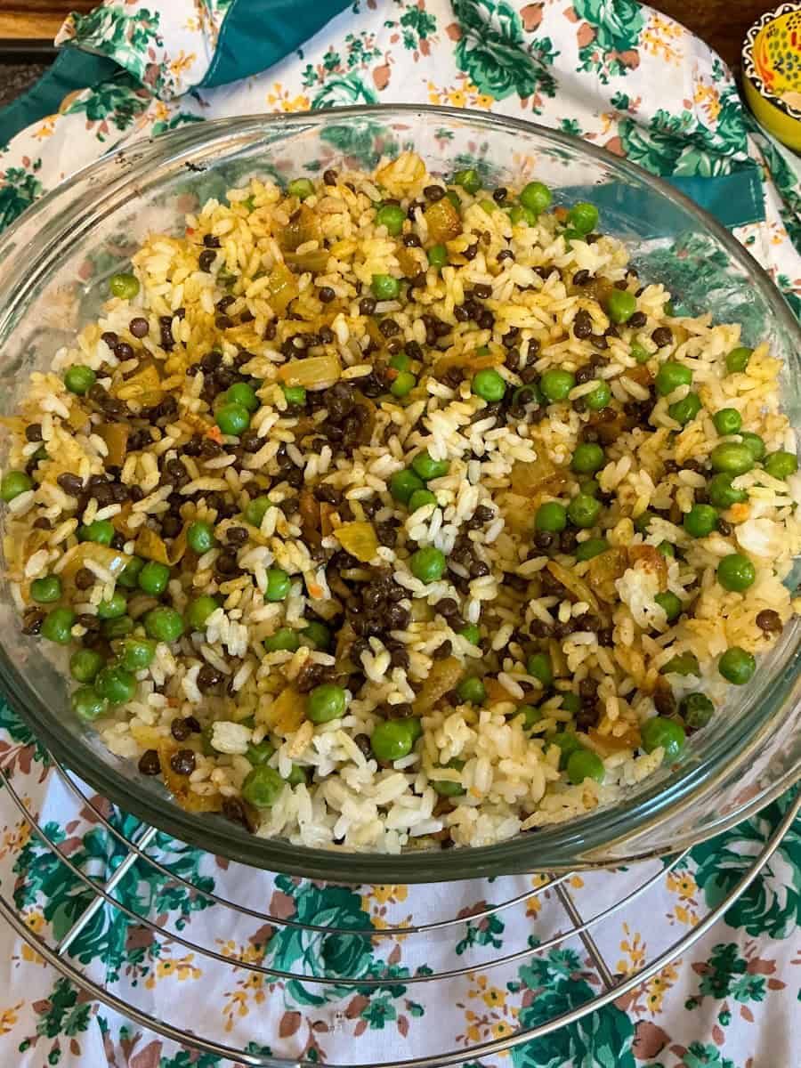 Vegan biriani cooked in casserole dish.
