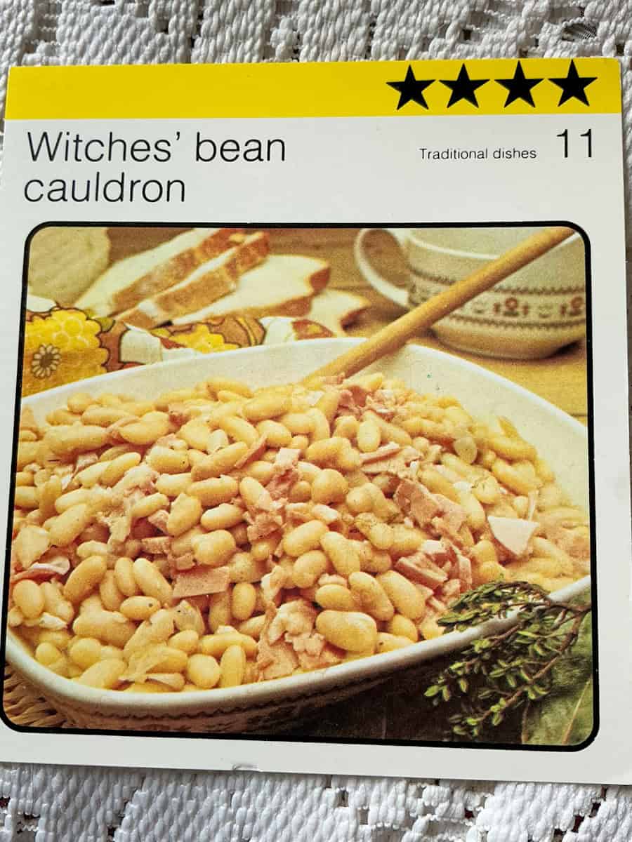Image of witches cauldron beans recipe card.