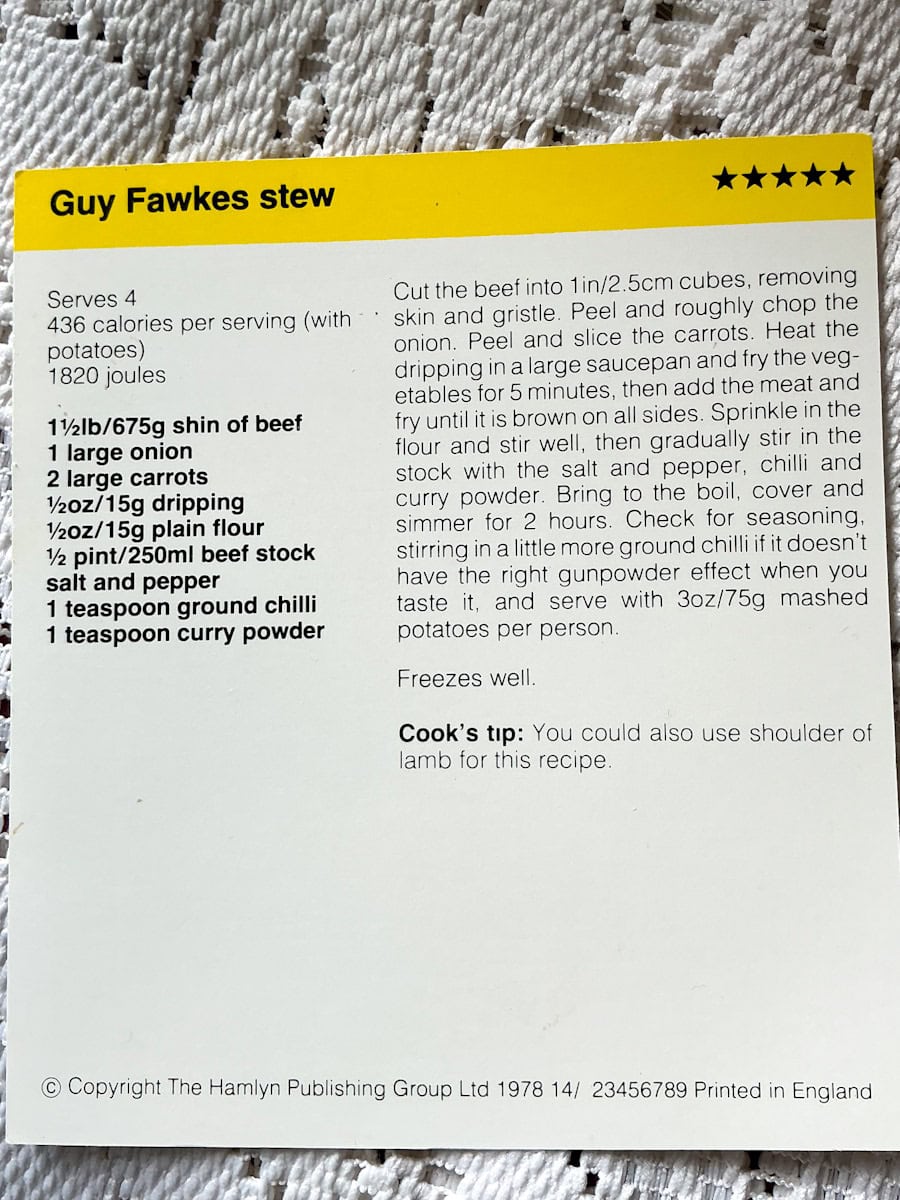 Guy fawkes stew recipe card recipe side.