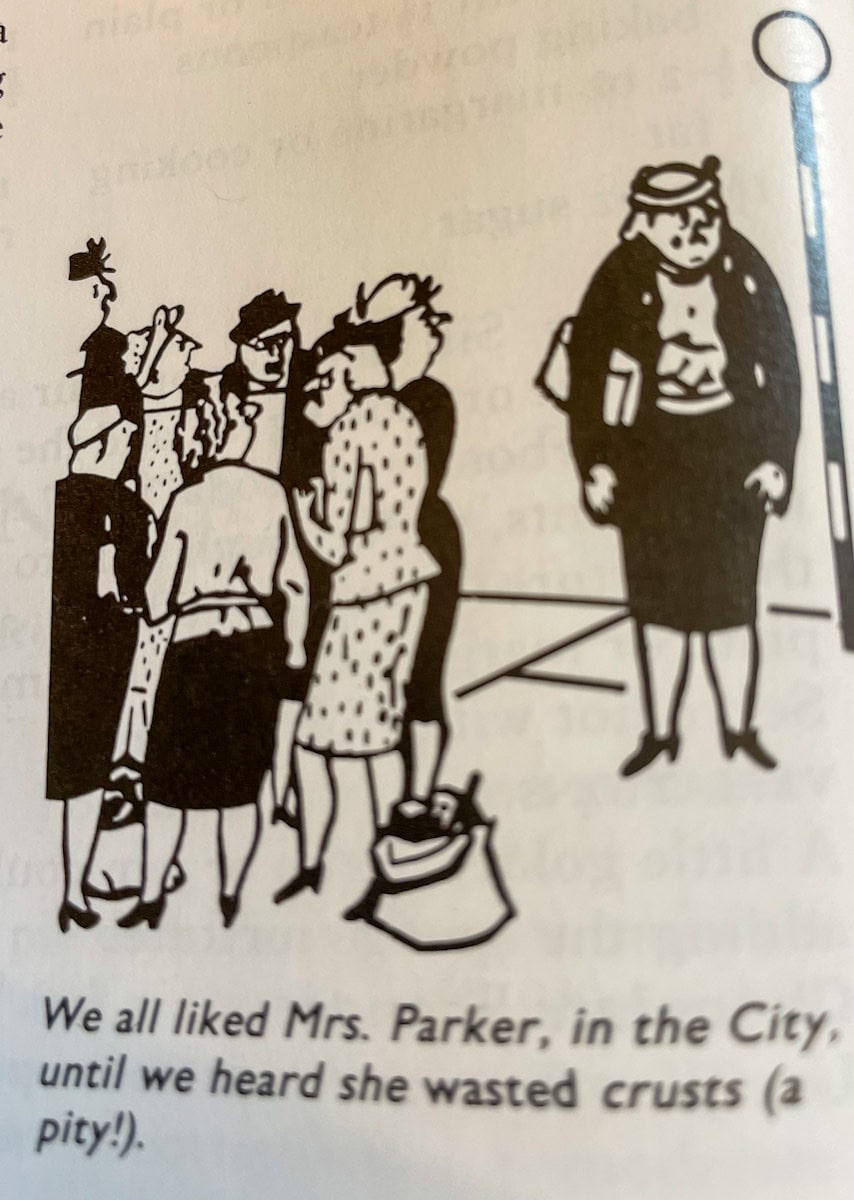 Cartoon image of a group of women waiting at a bus stop during the 1940s talking about a woman who wasted bread.