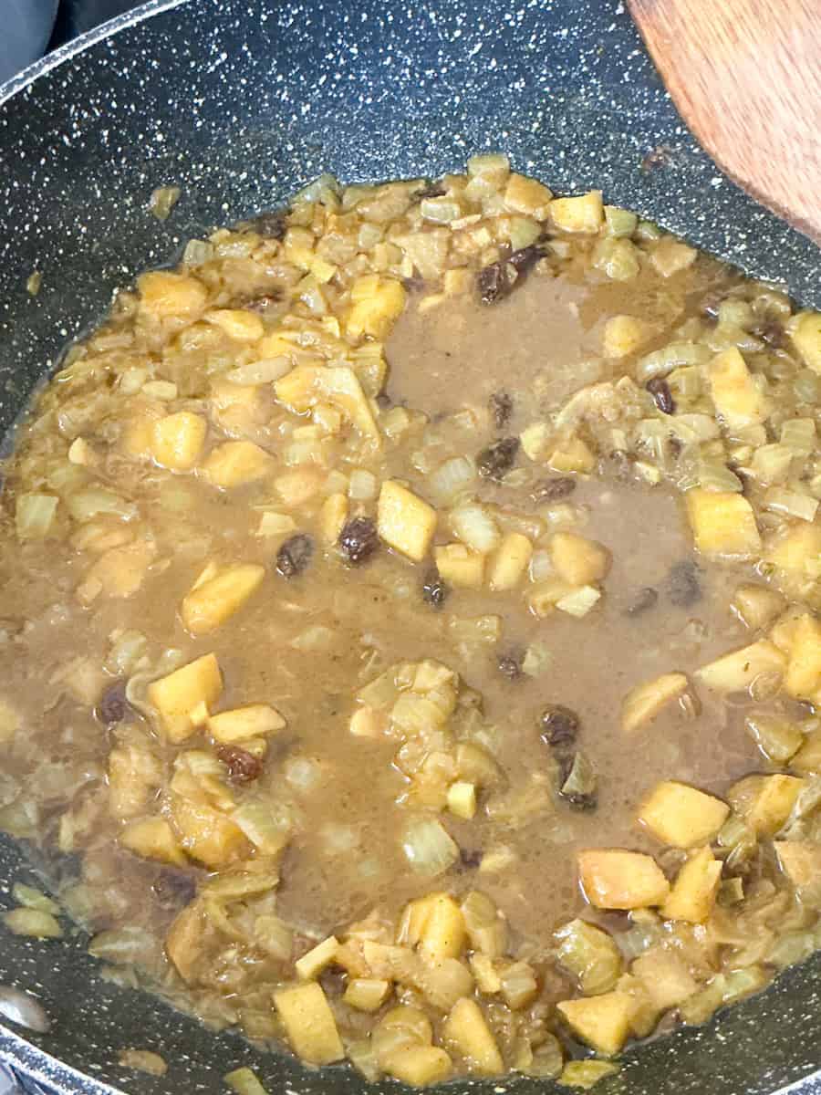water added to ingredients cooking in frying pan
